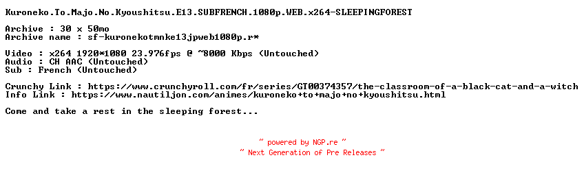 NFO for the release Kuroneko.To.Majo.No.Kyoushitsu.E13.SUBFRENCH.1080p.WEB.x264-SLEEPINGFOREST by SLEEPINGFOREST