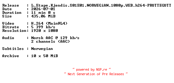 NFO for the release L.Etape.Kjendis.S01E01.NORWEGiAN.1080p.WEB.h264-PRUTTEGUTT by PRUTTEGUTT