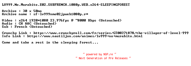 NFO for the release LV999.No.Murabito.E02.SUBFRENCH.1080p.WEB.x264-SLEEPINGFOREST by SLEEPINGFOREST