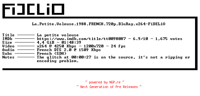 NFO for the release La.Petite.Voleuse.1988.FRENCH.720p.BluRay.x264-FiDELiO by FiDELiO