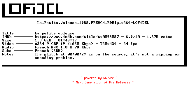 NFO for the release La.Petite.Voleuse.1988.FRENCH.BDRip.x264-LOFiDEL by LOFiDEL