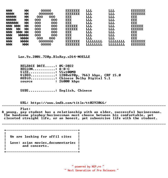 NFO for the release Lan.Yu.2001.720p.BluRay.x264-NOELLE by NOELLE