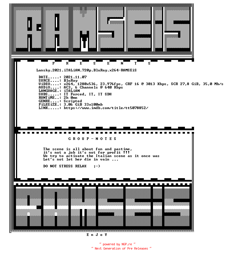 NFO for the release Lansky.2021.iTALiAN.720p.BluRay.x264-RAMSEiS by RAMSEiS