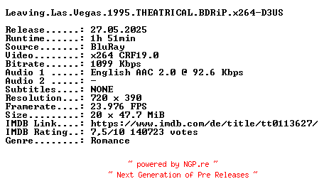 NFO for the release Leaving.Las.Vegas.1995.THEATRICAL.BDRiP.x264-D3US by D3US