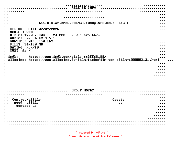 NFO for the release Les.K.D.or.2026.FRENCH.1080p.WEB.H264-SEiGHT by SEiGHT