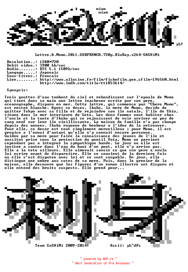 NFO for the release Lettre.A.Momo.2011.SUBFRENCH.720p.BluRay.x264-SASHiMi by SASHiMi