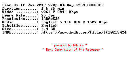NFO for the release Liam.As.It.Was.2019.720p.BluRay.x264-CADAVER by CADAVER