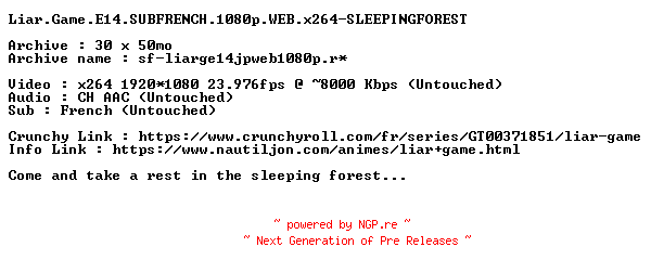 NFO for the release Liar.Game.E14.SUBFRENCH.1080p.WEB.x264-SLEEPINGFOREST by SLEEPINGFOREST