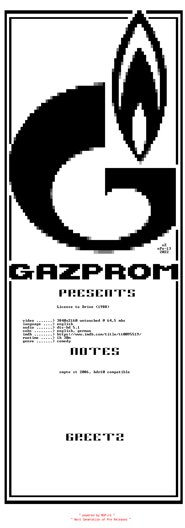 NFO for the release License.to.Drive.1988.2160p.UHD.BluRay.H265-GAZPROM by GAZPROM