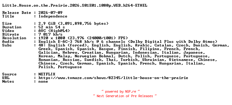 NFO for the release Little.House.on.the.Prairie.2026.S01E01.1080p.WEB.h264-ETHEL by ETHEL