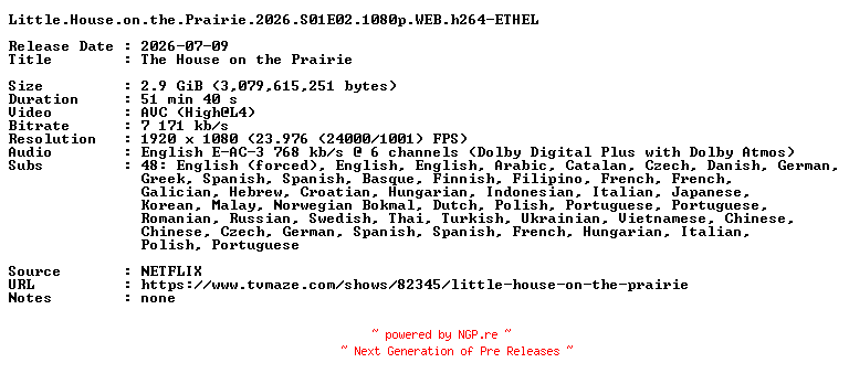 NFO for the release Little.House.on.the.Prairie.2026.S01E02.1080p.WEB.h264-ETHEL by ETHEL