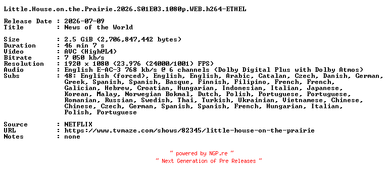 NFO for the release Little.House.on.the.Prairie.2026.S01E03.1080p.WEB.h264-ETHEL by ETHEL