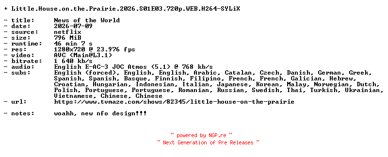 NFO for the release Little.House.on.the.Prairie.2026.S01E03.720p.WEB.H264-SYLiX by SYLiX