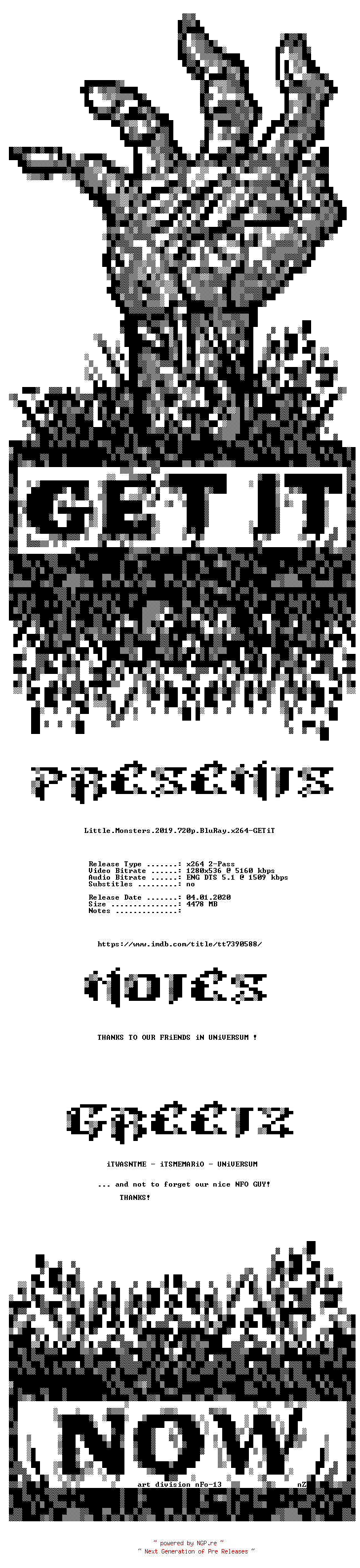 NFO for the release Little.Monsters.2019.720p.BluRay.x264-GETiT by GETiT