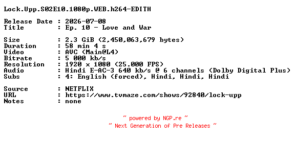 NFO for the release Lock.Upp.S02E10.1080p.WEB.h264-EDITH by EDITH