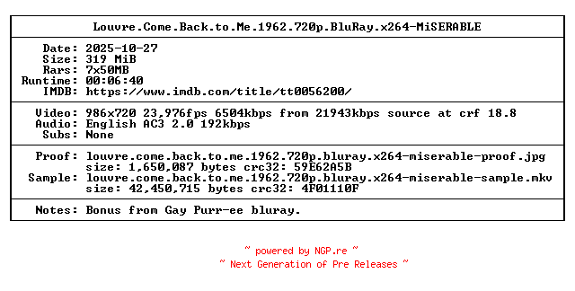 NFO for the release Louvre.Come.Back.to.Me.1962.720p.BluRay.x264-MiSERABLE by MiSERABLE