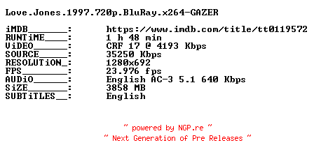 NFO for the release Love.Jones.1997.720p.BluRay.x264-GAZER by GAZER