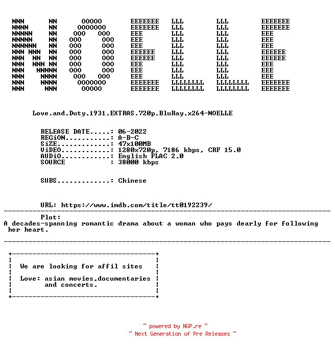 NFO for the release Love.and.Duty.1931.EXTRAS.720p.BluRay.x264-NOELLE by NOELLE