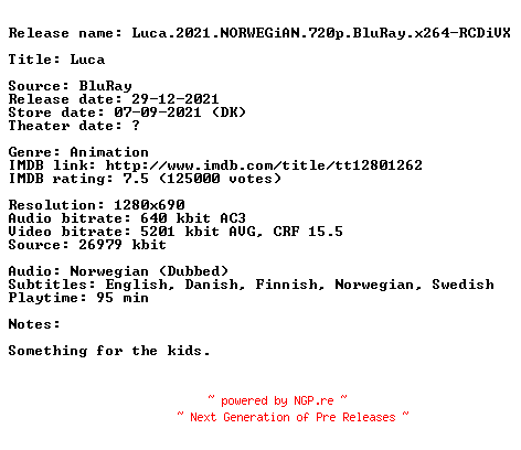 NFO for the release Luca.2021.NORWEGiAN.720p.BluRay.x264-RCDiVX by RCDiVX