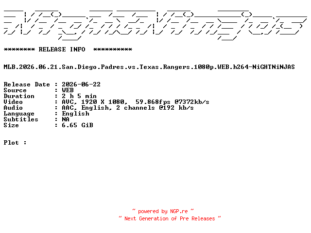 NFO for the release MLB.2026.06.21.San.Diego.Padres.vs.Texas.Rangers.1080p.WEB.h264-NiGHTNiNJAS by NiGHTNiNJAS