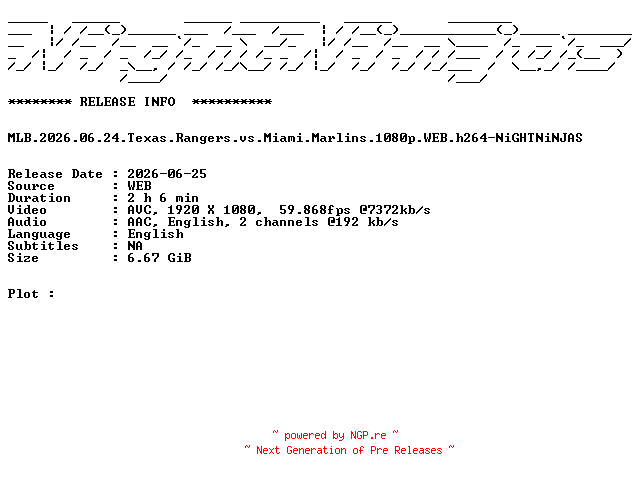 NFO for the release MLB.2026.06.24.Texas.Rangers.vs.Miami.Marlins.1080p.WEB.h264-NiGHTNiNJAS by NiGHTNiNJAS