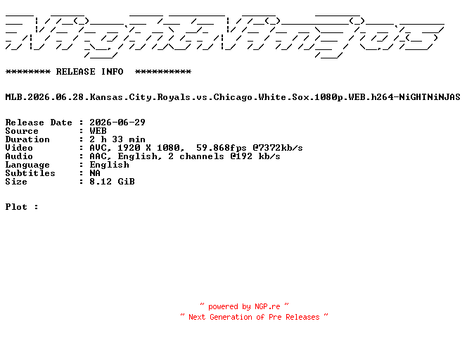 NFO for the release MLB.2026.06.28.Kansas.City.Royals.vs.Chicago.White.Sox.1080p.WEB.h264-NiGHTNiNJAS by NiGHTNiNJAS