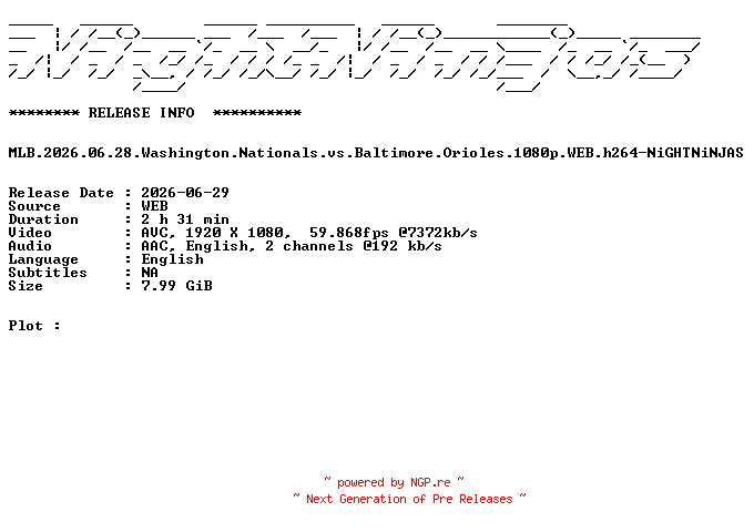 NFO for the release MLB.2026.06.28.Washington.Nationals.vs.Baltimore.Orioles.1080p.WEB.h264-NiGHTNiNJAS by NiGHTNiNJAS
