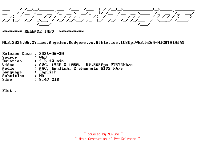 NFO for the release MLB.2026.06.29.Los.Angeles.Dodgers.vs.Athletics.1080p.WEB.h264-NiGHTNiNJAS by NiGHTNiNJAS