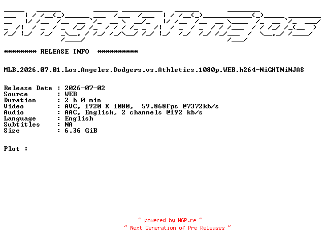 NFO for the release MLB.2026.07.01.Los.Angeles.Dodgers.vs.Athletics.1080p.WEB.h264-NiGHTNiNJAS by NiGHTNiNJAS