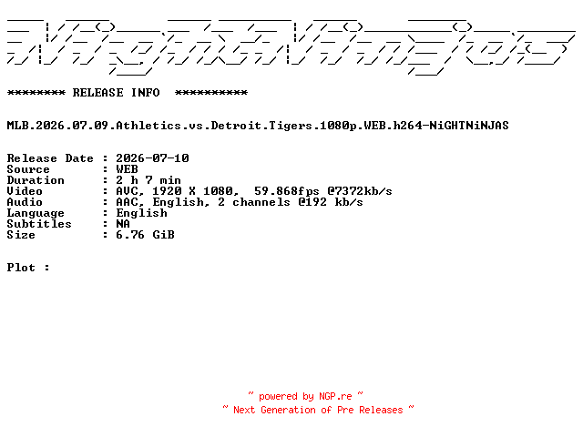 NFO for the release MLB.2026.07.09.Athletics.vs.Detroit.Tigers.1080p.WEB.h264-NiGHTNiNJAS by NiGHTNiNJAS