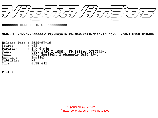 NFO for the release MLB.2026.07.09.Kansas.City.Royals.vs.New.York.Mets.1080p.WEB.h264-NiGHTNiNJAS by NiGHTNiNJAS