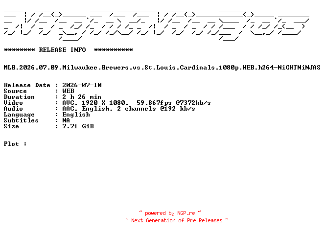 NFO for the release MLB.2026.07.09.Milwaukee.Brewers.vs.St.Louis.Cardinals.1080p.WEB.h264-NiGHTNiNJAS by NiGHTNiNJAS