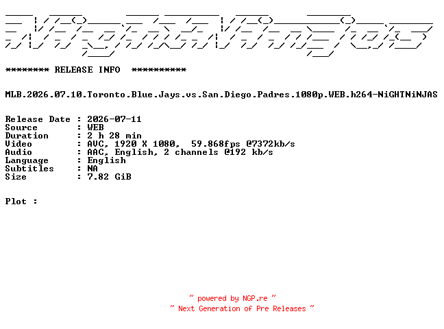 NFO for the release MLB.2026.07.10.Toronto.Blue.Jays.vs.San.Diego.Padres.1080p.WEB.h264-NiGHTNiNJAS by NiGHTNiNJAS