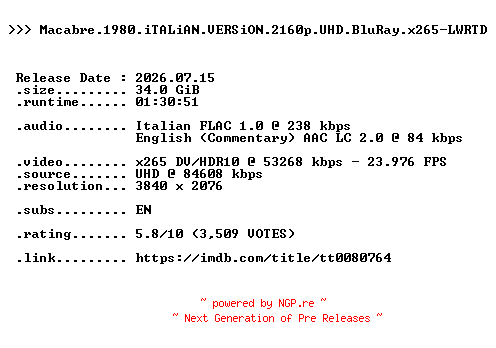 NFO for the release Macabre.1980.iTALiAN.VERSiON.2160p.UHD.BluRay.x265-LWRTD by LWRTD