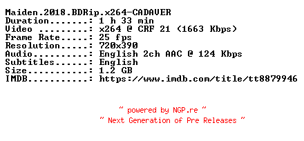 NFO for the release Maiden.2018.BDRip.x264-CADAVER by CADAVER