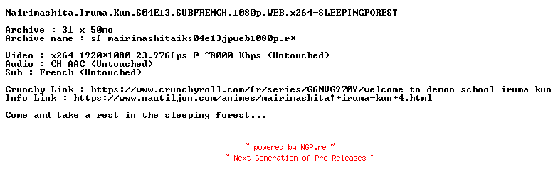 NFO for the release Mairimashita.Iruma.Kun.S04E13.SUBFRENCH.1080p.WEB.x264-SLEEPINGFOREST by SLEEPINGFOREST