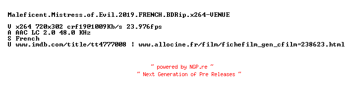 NFO for the release Maleficent.Mistress.of.Evil.2019.FRENCH.BDRip.x264-VENUE by VENUE
