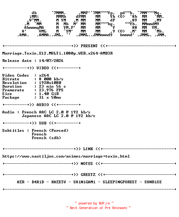 NFO for the release Marriage.Toxin.E12.MULTi.1080p.WEB.x264-AMB3R by AMB3R