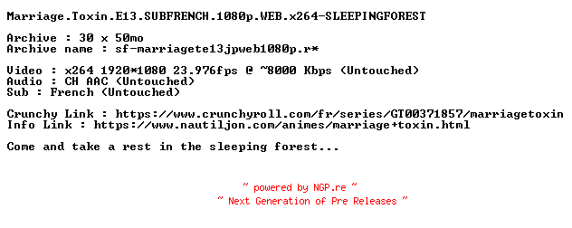 NFO for the release Marriage.Toxin.E13.SUBFRENCH.1080p.WEB.x264-SLEEPINGFOREST by SLEEPINGFOREST