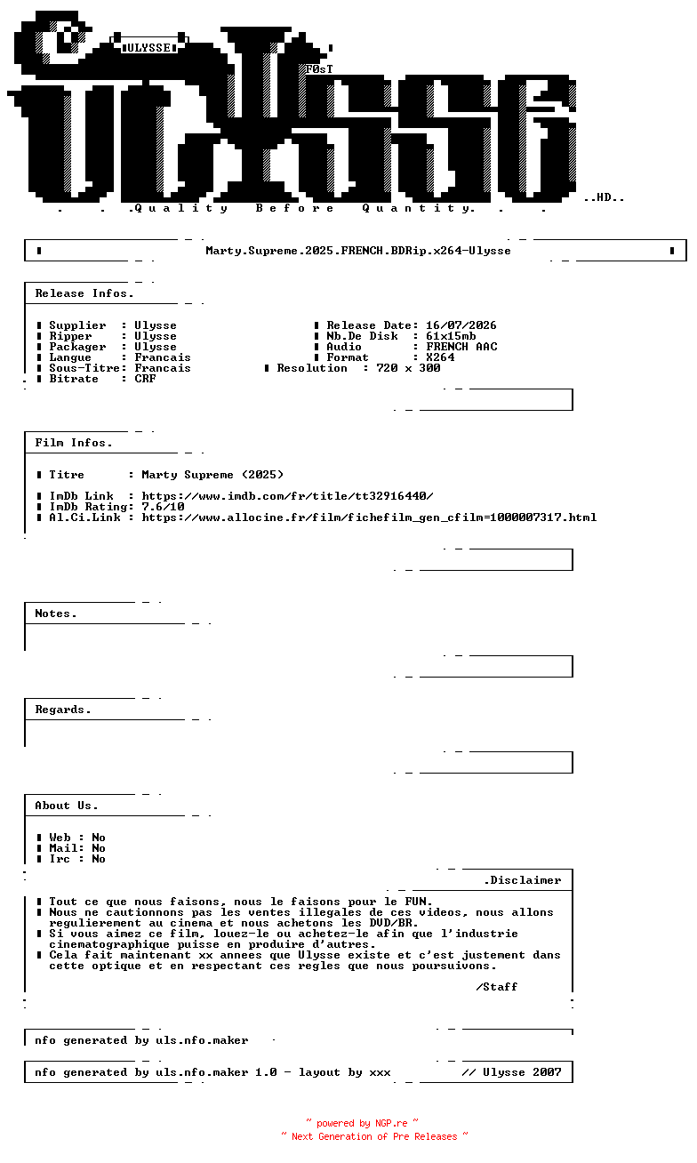 NFO for the release Marty.Supreme.2025.FRENCH.BDRip.x264-Ulysse by Ulysse