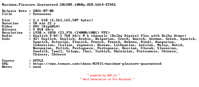 NFO for the release Maximum.Pleasure.Guaranteed.S01E09.1080p.WEB.h264-ETHEL by ETHEL