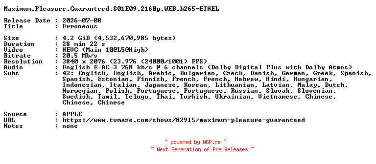 NFO for the release Maximum.Pleasure.Guaranteed.S01E09.2160p.WEB.h265-ETHEL by ETHEL