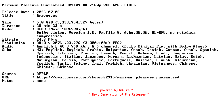 NFO for the release Maximum.Pleasure.Guaranteed.S01E09.DV.2160p.WEB.h265-ETHEL by ETHEL