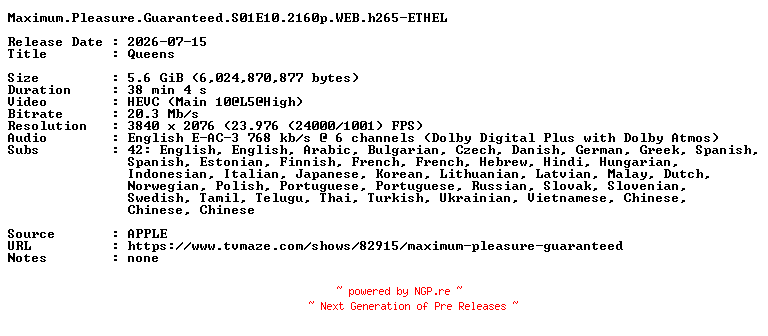NFO for the release Maximum.Pleasure.Guaranteed.S01E10.2160p.WEB.h265-ETHEL by ETHEL