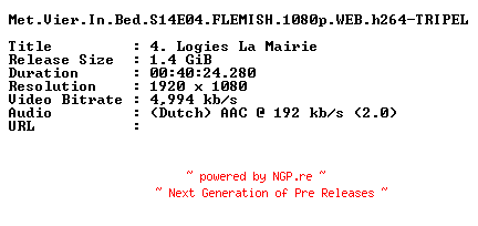 NFO for the release Met.Vier.In.Bed.S14E04.FLEMISH.1080p.WEB.h264-TRIPEL by TRIPEL