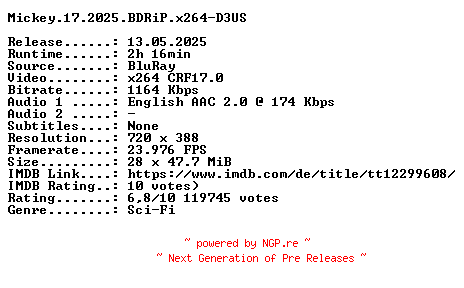 NFO for the release Mickey.17.2025.BDRiP.x264-D3US by D3US