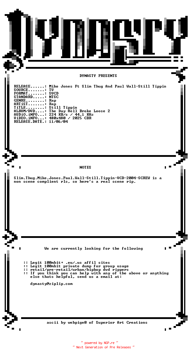 NFO for the release Mike_Jones_Ft_Slim_Thug_And_Paul_Wall-Still_Tippin-SVCD-2004-DYNASTY by DYNASTY