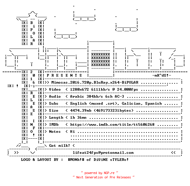 NFO for the release Mimosas.2016.720p.BluRay.x264-BiPOLAR by BiPOLAR