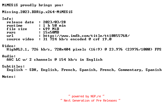 NFO for the release Missing.2023.BDRip.x264-MiMESiS by MiMESiS