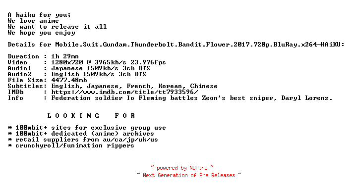 NFO for the release Mobile.Suit.Gundam.Thunderbolt.Bandit.Flower.2017.720p.BluRay.x264-HAiKU by HAiKU